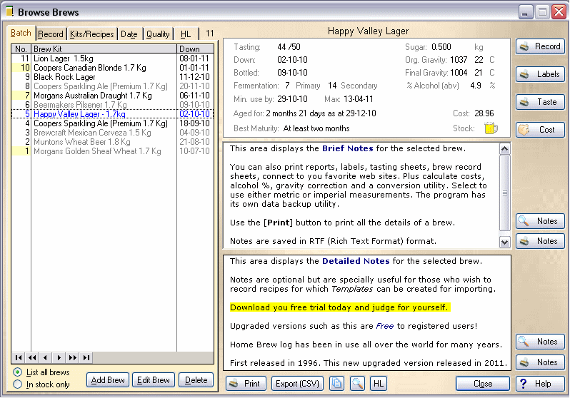 Home Brew Log Screenshot